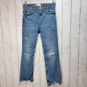 Zara Jeans Women's Size 2 Blue Distressed Straight Leg High Rise Chewed Hem Crop